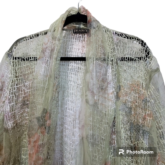 Picadilly ONE SIZE Floral Green Kimono Coverup Beachy Metallic Mesh Cardigan - Picture 3 of 7